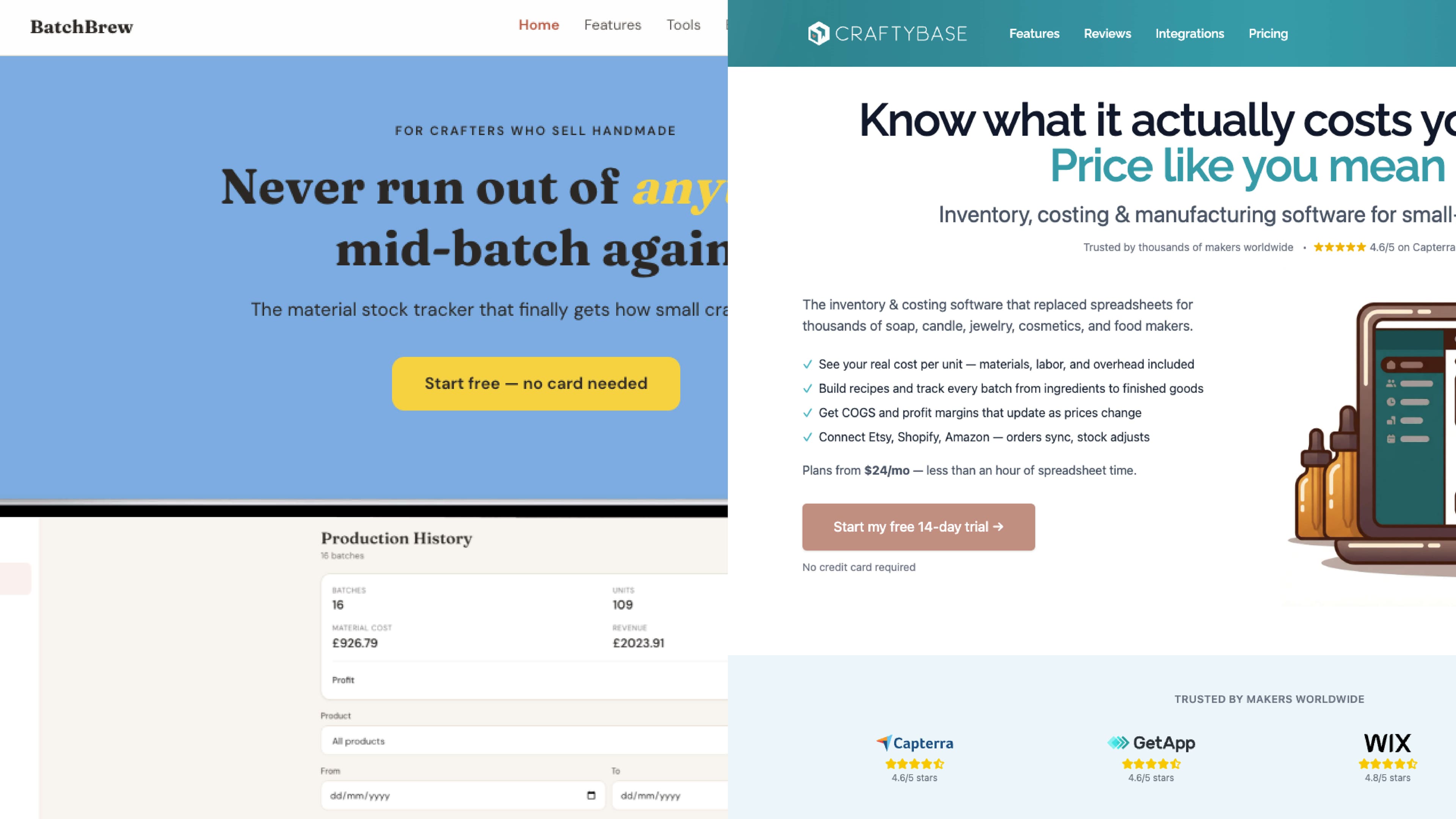 Side-by-side homepage screenshots of BatchBrew and Craftybase showing each product's positioning and pricing